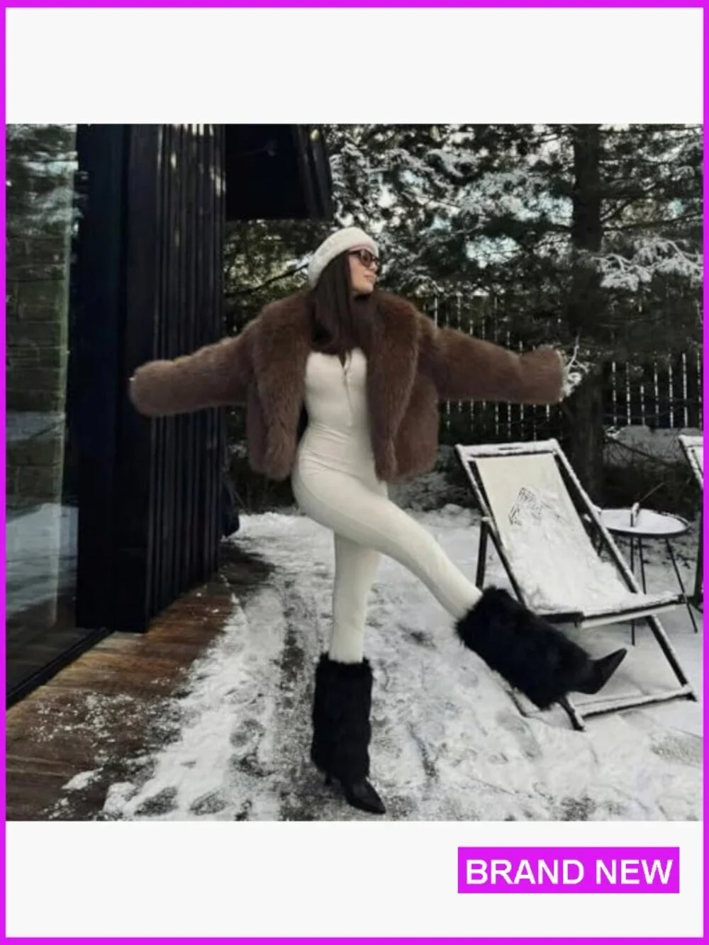 Faux Fur Fold Over Mid Calf Kitten Heel Boots with Side Zipper